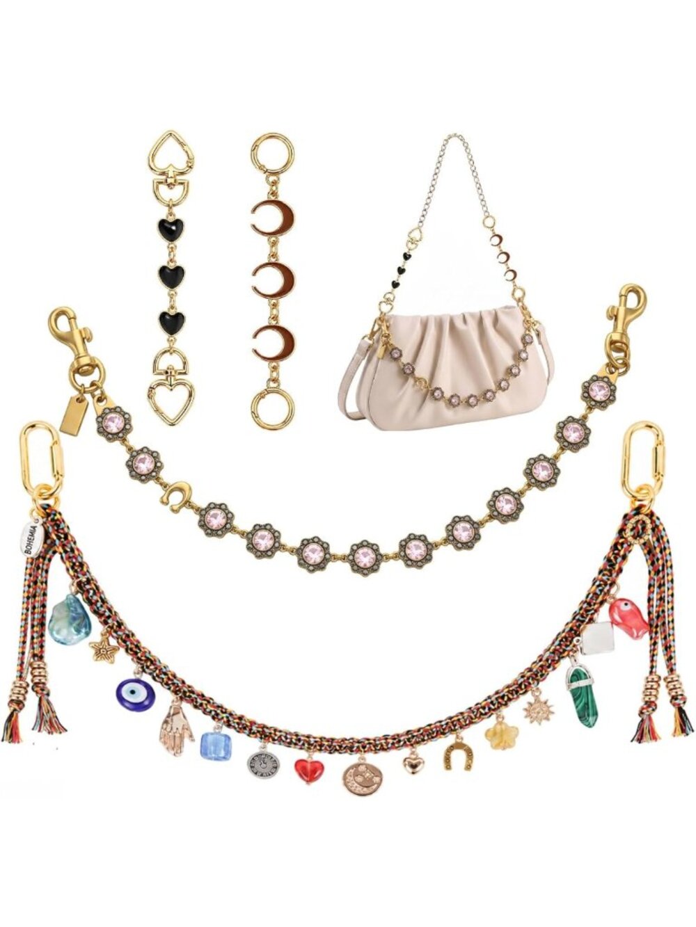 4 Pack Purse Charms & Bag Extender Chains - Beaded Flower Heart Moon Keychains